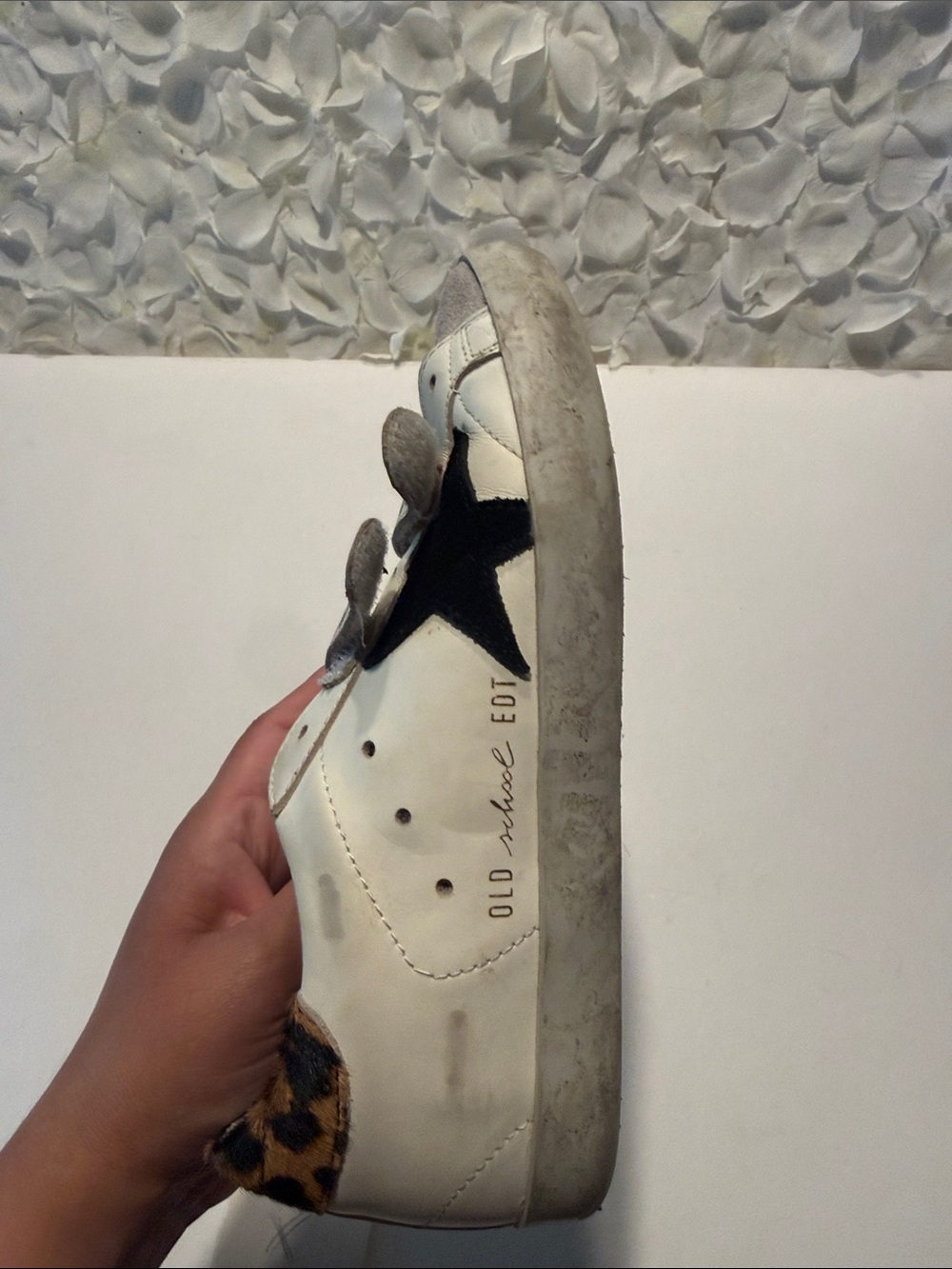 Golden Goose White Leather & Gray Suede Velcro Sneakers with Leopard Heel - Picture 4 of 6